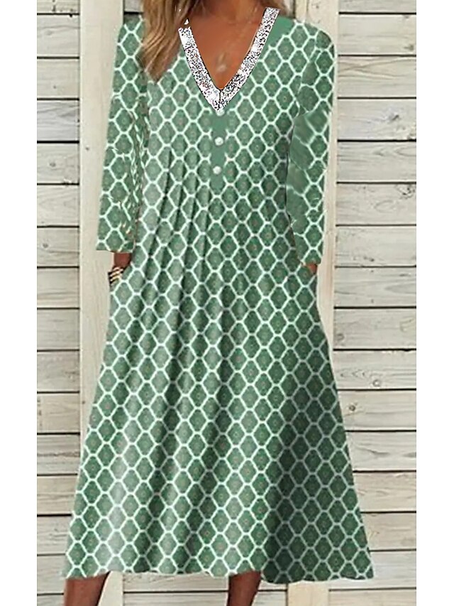 Womens Clothing Womens Dresses | Womens Shift Dress Midi Dress Light Green 3/4 Length Sleeve Geometric Sequins Ruched Print Spri