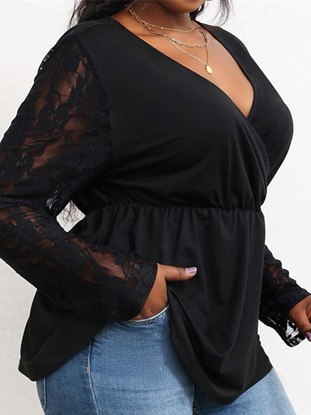 Womens Clothing Plus Size Collection | Womens Plus Size Tops Blouse Shirt Plain Lace Long Sleeve V Neck Streetwear Daily Going o