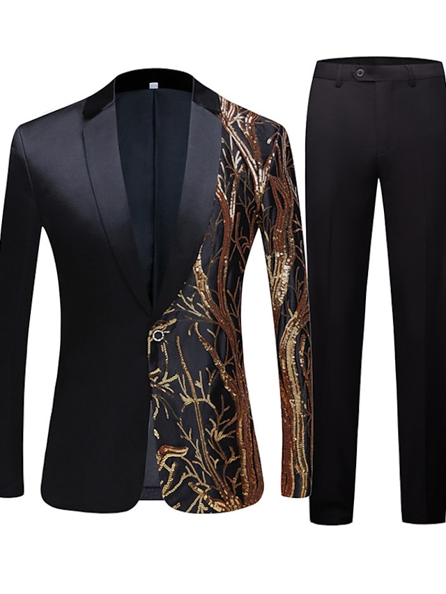  Black Gold Men's Prom Suits Sequins Party Prom Suits Patterned 2 Piece Sparkle Tailored Fit Single Breasted One-button 2024