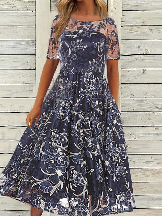 Womens Clothing Womens Dresses | Womens A Line Dress Midi Dress Navy Blue Short Sleeve Print Ruched Print Spring Summer Crew Nec