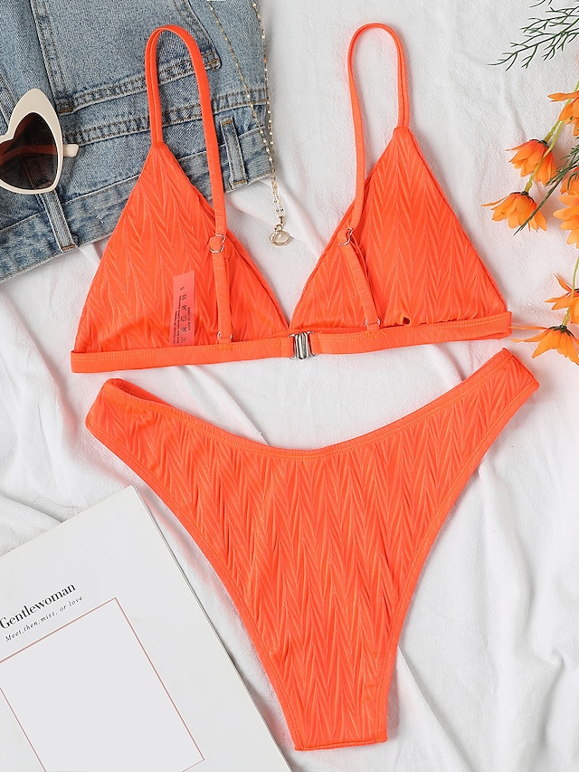 Womens Clothing Womens Swimwear | Womens Swimwear Bikini 2 Piece Normal Swimsuit 2 Piece High Waist Solid Color Orange Padded Pl