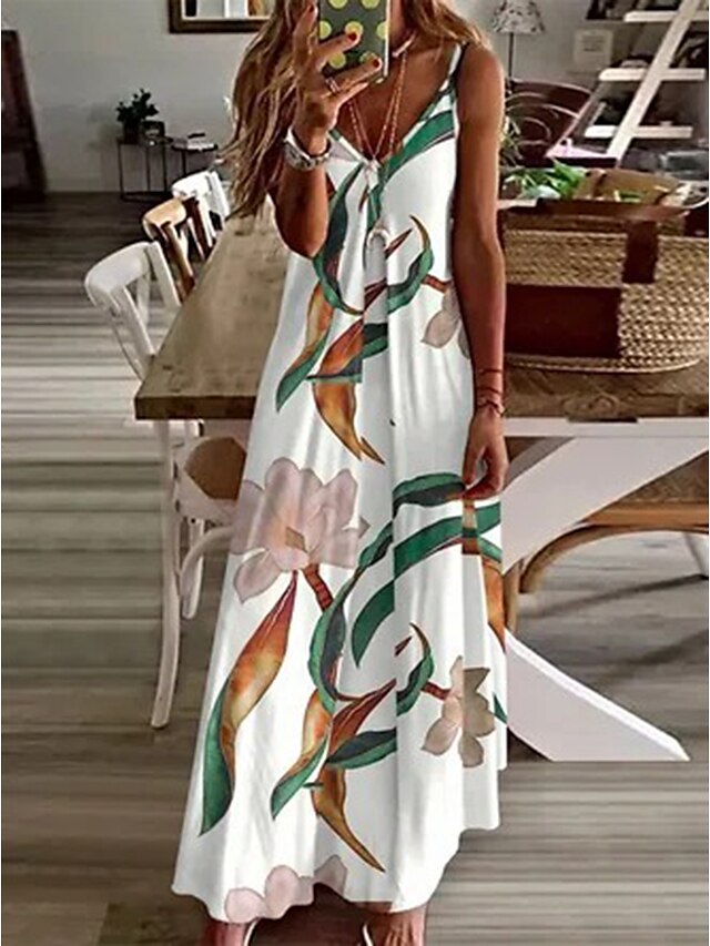 Womens Clothing Womens Dresses | Womens A Line Dress Maxi long Dress White Short Sleeve Floral Print Spring Summer Spaghetti Str