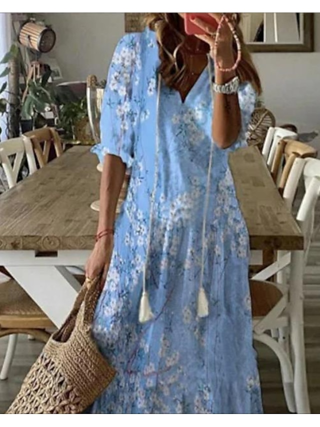 Womens Clothing Womens Dresses | Womens A Line Dress Maxi long Dress Blue Half Sleeve Floral Ruched Print Spring Summer V Neck C