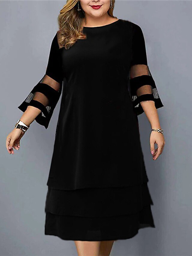 Womens Clothing Plus Size Collection | Womens Plus Size A Line Dress Solid Color Round Neck 3/4 Length Sleeve Spring Summer Work