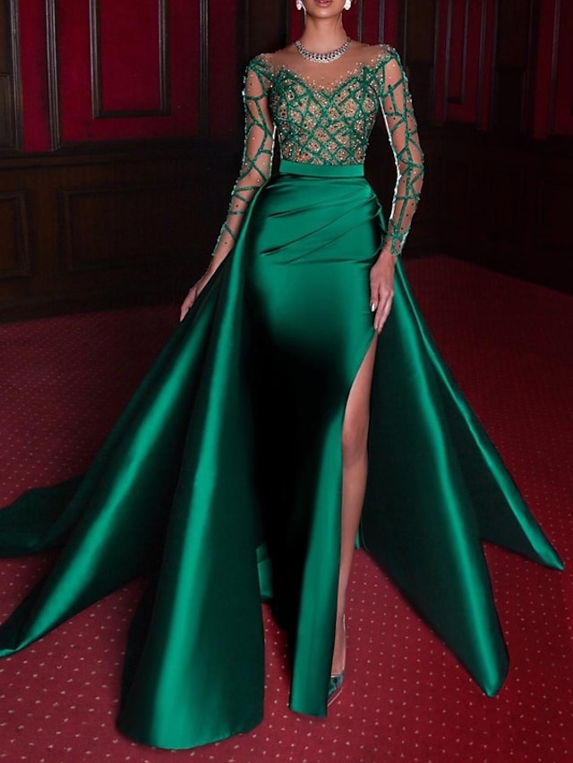  マーメイドイブニングドレス豪華なドレスカーニバル赤緑ドレスコートトレイン長袖ジュエルネックサテンラインストーンアップリケ 2024