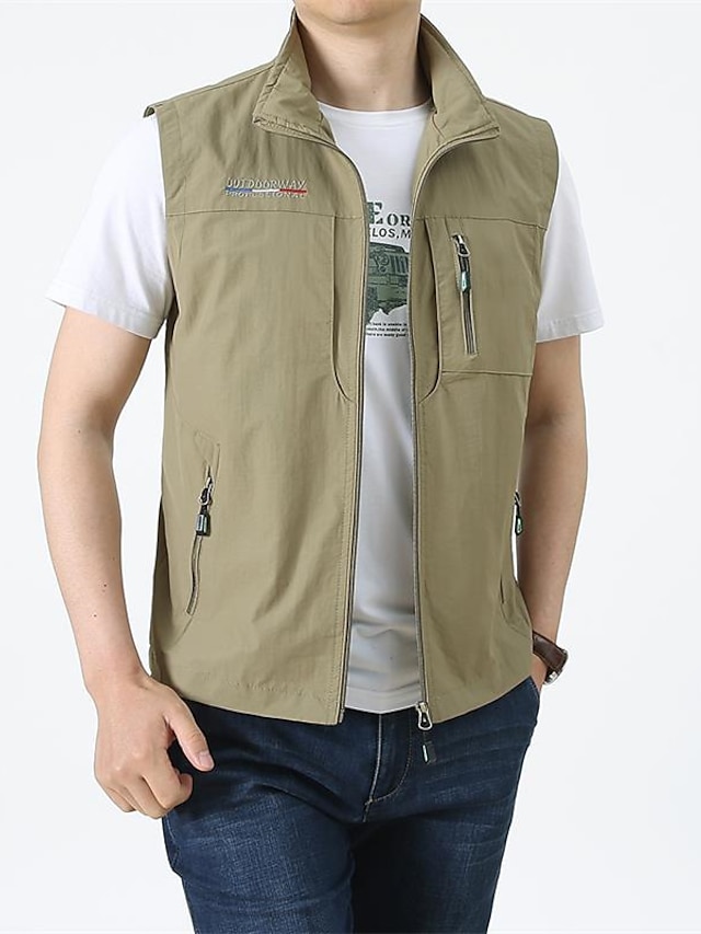  Men's Vest Warm Quick Dry Outdoor Street Holiday Zipper Turndown Streetwear Chic & Modern Casual Jacket Outerwear Pure Color Pocket Army Green Khaki Dark Navy / Spring / Fall / Sleeveless
