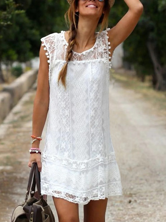  Women's Lace Dress Shift Dress White Dress Mini Dress White Sleeveless Pure Color Lace Spring Summer Crew Neck Basic Daily Vacation 2023 S M L XL XXL