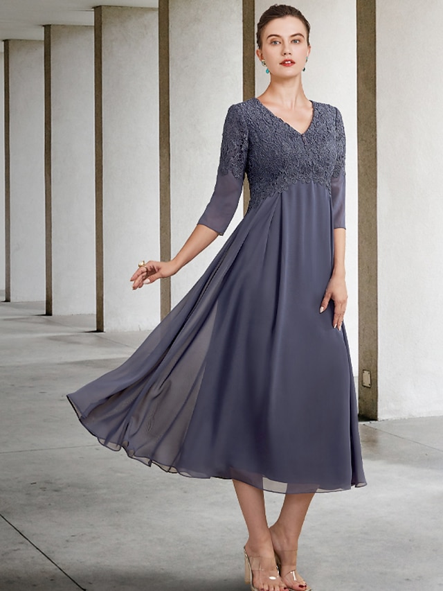  A-Line Mother of the Bride Dress Plus Size Elegant V Neck Tea Length Chiffon Lace 3/4 Length Sleeve with Ruffles Appliques 2022