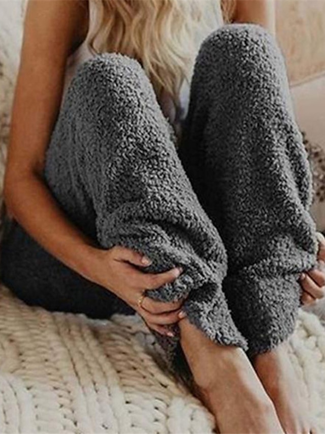  dam plysch lounge fluffig pyjamas luddig varma vinterbyxor nattiga pjs ren färg komfort hem säng polyester långbyxa resår midja vinter höst rosa mörkgrå / fleece