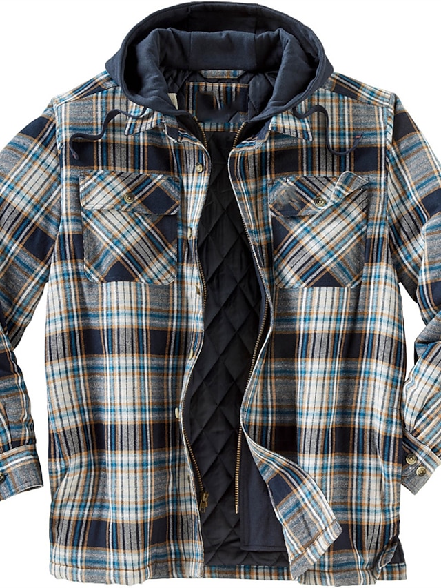  Men's Flannel Shirt Check Hooded Black / White Green Blue Brown Long Sleeve Print Street Daily Button-Down Tops Fashion Casual Comfortable