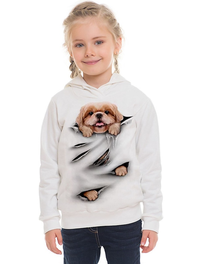  Flickor 3D Djur Hund Huvtröja Långärmad 3D-tryck Höst Vinter Mode Streetwear Förtjusande Polyester Barn 3-13 år Utomhus Dagligen Inomhus Normal