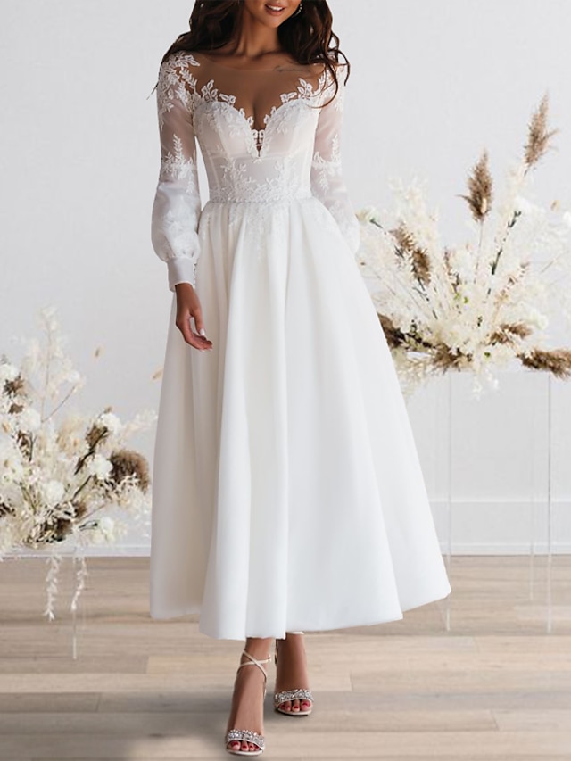  Bridal Shower Open Back Little White Dresses Wedding Dresses Ankle Length A-Line Long Sleeve Illusion Neck Chiffon With Appliques 2023 Bridal Gowns