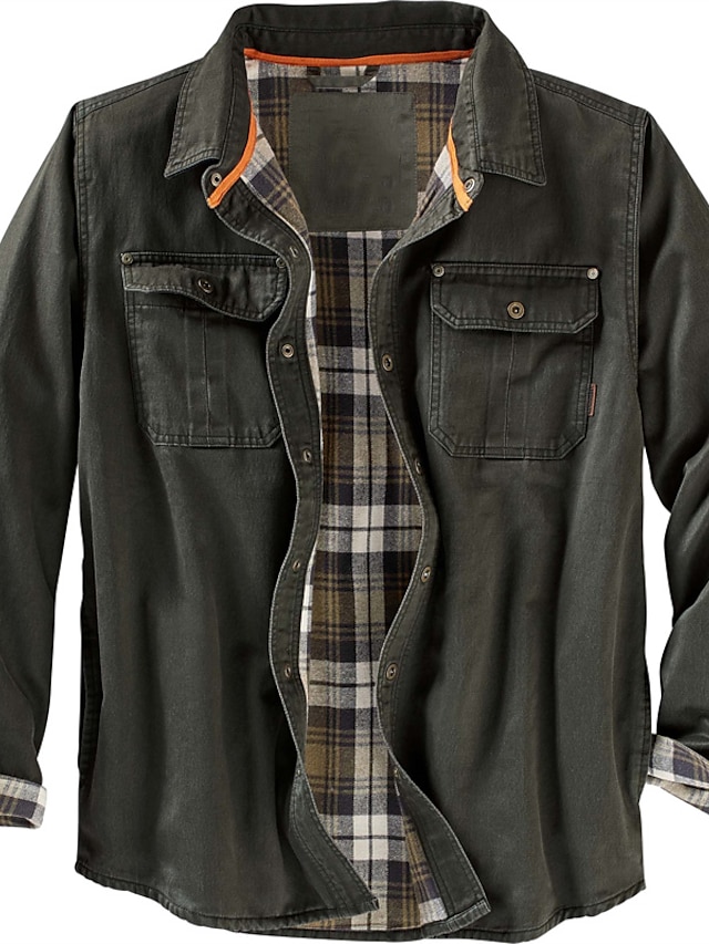  Men's Flannel Shirt Solid Color Turndown Army Green Brown Street Daily Long Sleeve Button-Down Clothing Apparel Fashion Casual Comfortable