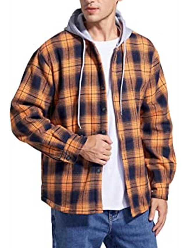  Men's Flannel Shirt Plaid Hooded Black and Red Yellow Orange Red Long Sleeve Print Street Daily Button-Down Tops Fashion Casual Comfortable