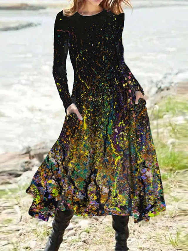  Abito Midi da Donna Abito Casuale Abito Invernale Abito a Filo Moda Vacanze Basic Formale Vacanza Festa Fit Regolare Tie Dye Gradiente di Colore Maniche Lunghe Collo a Giro Giallo Blu Cammello Viola
