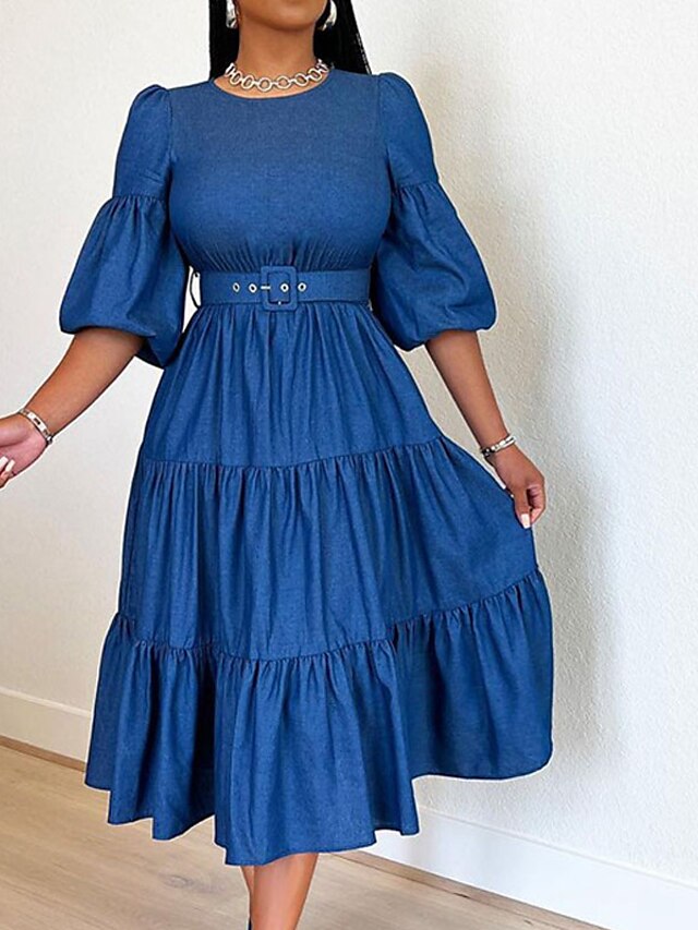 Women's Denim Dress Swing Dress Midi Dress Blue Half Sleeve Pure Color ...