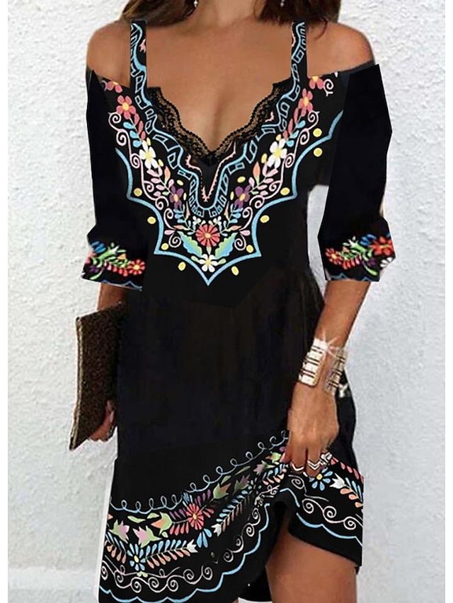  robe décontractée pour femmes robe ethnique mini robe noir manches 3/4 couleur pure impression été printemps automne col en v élégant 2023 s m l xl xxl 3xl