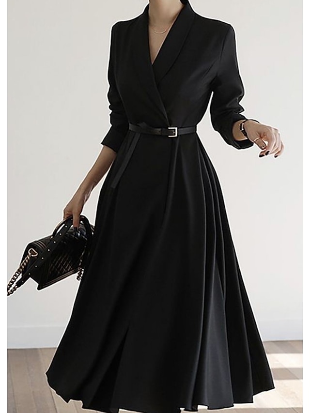  Women‘s Work Dress Blazer Dress And Jacket Set Party Dress Black Dress Midi Dress Black Long Sleeve Pure Color With Belt Winter Fall Spring Shirt Collar Fashion Wedding Winter Dress Office 2023