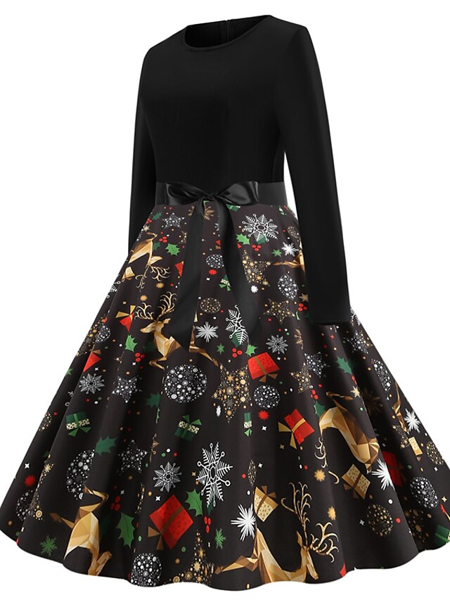 Women's Christmas Casual Dress Knee Length Dress Black Long Sleeve ...