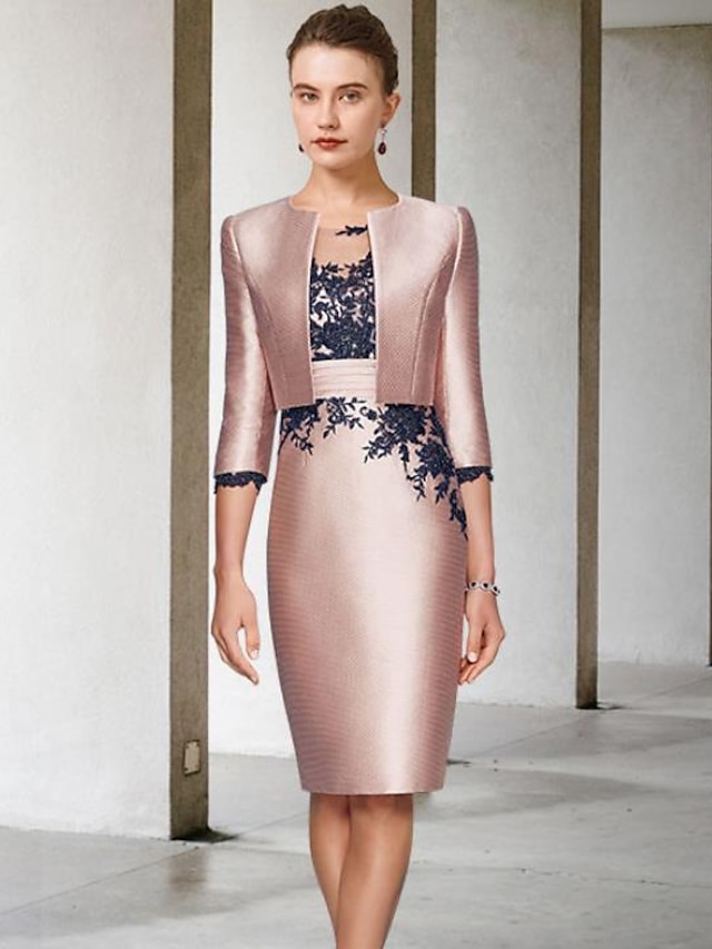  Two Piece Sheath / Column Mother of the Bride Dress Wedding Guest Church Elegant Jewel Neck Knee Length Satin Lace 3/4 Length Sleeve Short Jacket Dresses with Appliques Color Block 2024