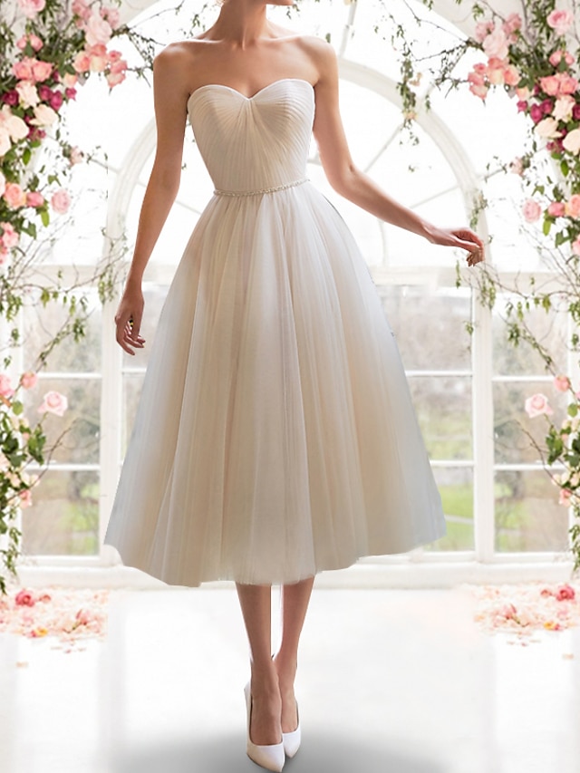  שמלותקבלתפנים שמלות לבנות קטנות שמלות חתונה גזרת A לב (סוויטהארט) סטרפלס באורך הקרסול טול שמלות כלה עם אבנטים / סרטים קפלים 2024