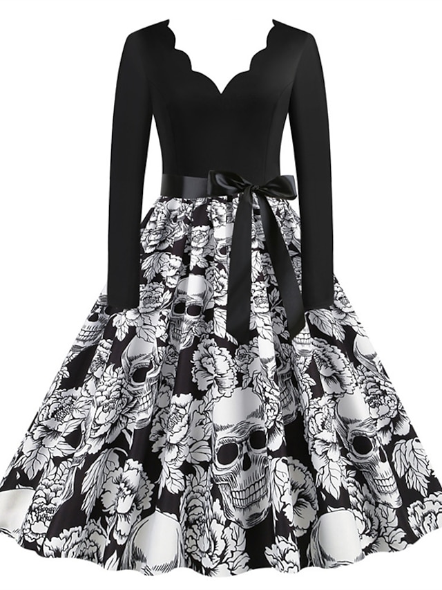 Women‘s Halloween Dress Swing Dress Knee Length Dress White Black Gray ...