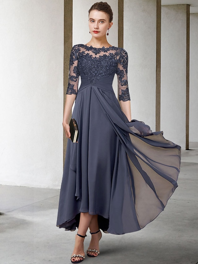  A-Line Mother of the Bride Dress Plus Size Elegant High Low Jewel Neck Asymmetrical Tea Length Chiffon Lace Half Sleeve with Ruched Appliques 2023