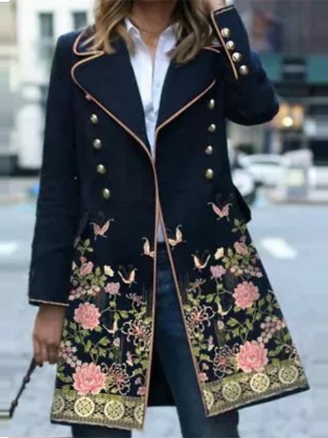  Women's Winter Coat Long Overcoat Floral Print Trench Coat Thermal Warm Pea Double Breasted Lapel Heated Coat Windproof Outerwear Long Sleeve Fall