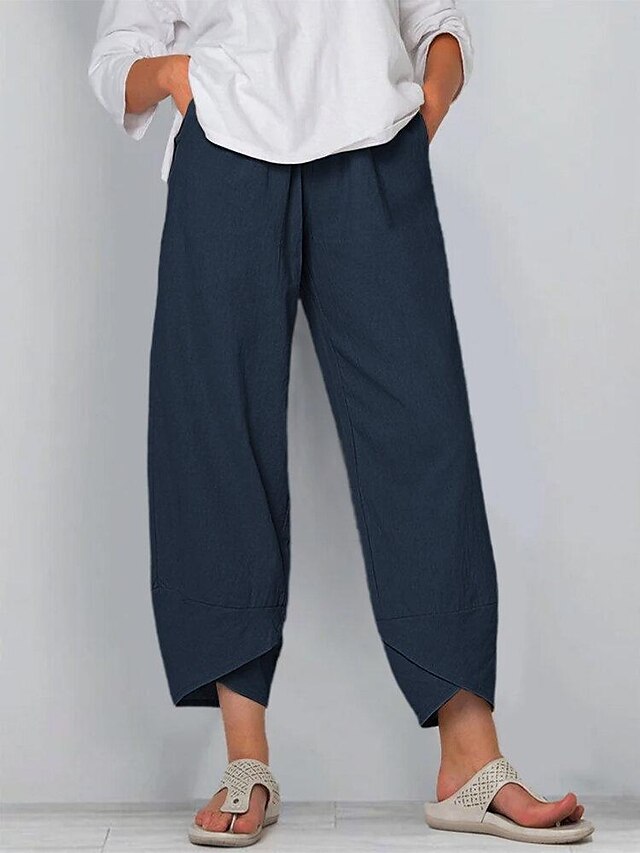Women's Chinos Baggy Pants Cotton Linen Side Pockets Baggy Mid Waist ...