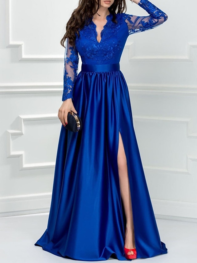 A Line Evening Gown Elegant Dress Formal Wedding Guest Floor Length Long Sleeve V Neck Satin 2698