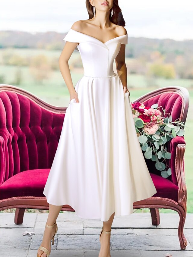  Reception Little White Dresses Wedding Dresses A-Line Off Shoulder Cap Sleeve Tea Length Satin Bridal Gowns With Sashes / Ribbons 2024