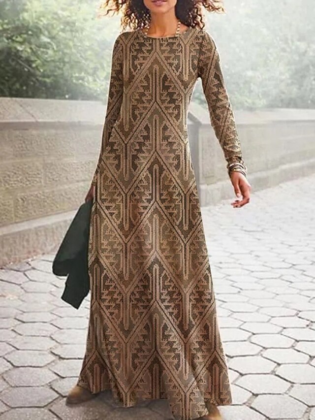 Women's Casual Dress T Shirt Dress Tee Dress Ethnic Dress Long Dress Maxi Dress Blue Orange Brown Long Sleeve Geometric Patchwork Winter Fall Spring Crew Neck Basic Winter Dress Daily Vacation 2023 S4