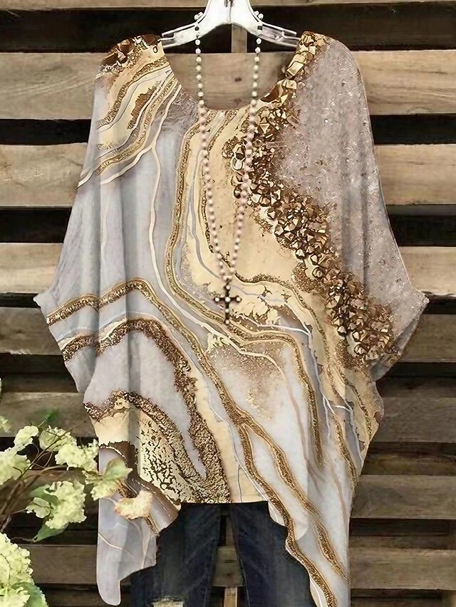 Women's Plus Size Blouse Chiffon Basic Casual Print Dolman Sleeve Crew Neck Vacation Daily Yellow Spring Fall4