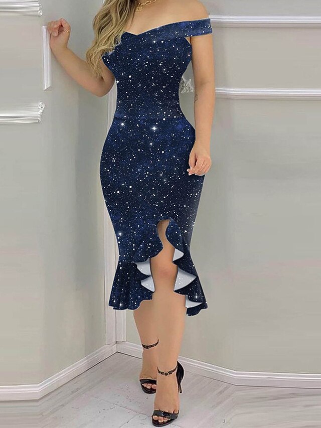 Women's Party Dress Sheath Dress Knee Length Dress Red starry sky Dark