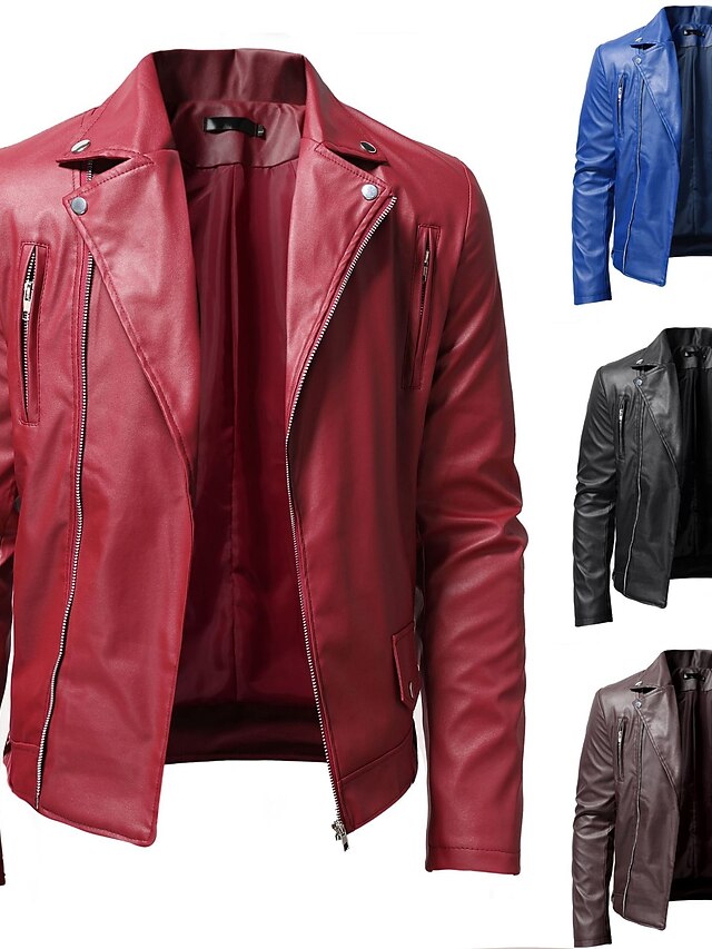  Men's Faux Leather Jacket Biker Jacket Winter Regular Pure Color Casual Casual Daily Casual Motorcycle Black Blue Red Brown
