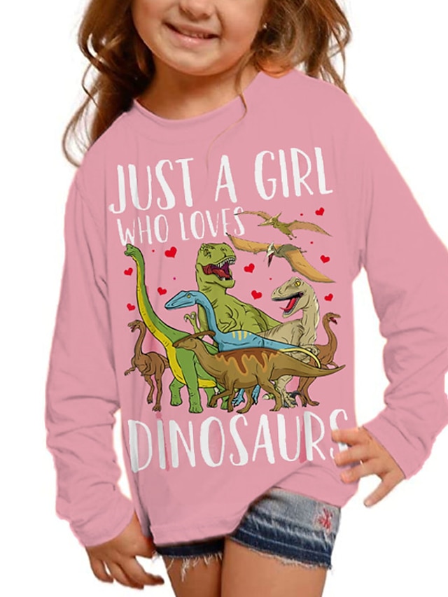  maglietta da ragazza con dinosauro rosa 3D manica lunga stampa 3D autunno inverno moda attiva quotidiano poliestere bambini 3-12 anni all'aperto vestibilità regolare quotidiana
