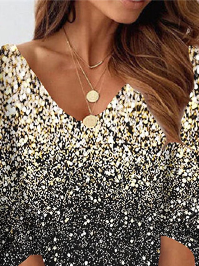 Women's Sequin Dress V-Neck Gradient Gold to Black Half Sleeve Knee ...