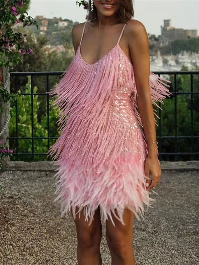 Night Surprise Rhinestone Fabric Feather Sleeve Party Mini Dress main image 0
