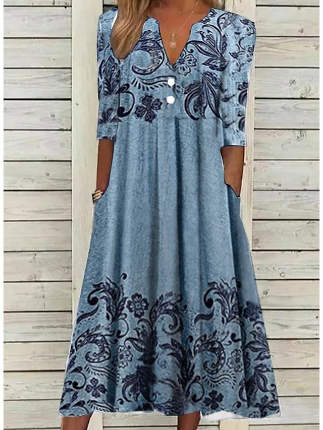 Women's Cotton Casual Dress Floral Print V Neck Midi Dress Casual Daily ...