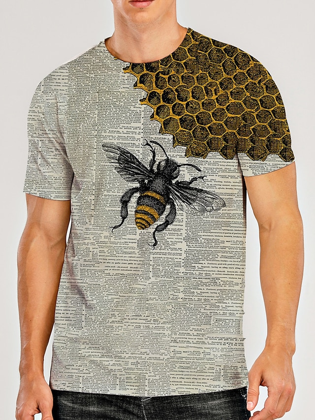  Bee On Honeycomb Mens Graphic Shirt Vintage 3D For | White Summer Cotton Tee Prints Round Neck Yellow Daily Holiday Short Sleeve Clothing Apparel Birthday And