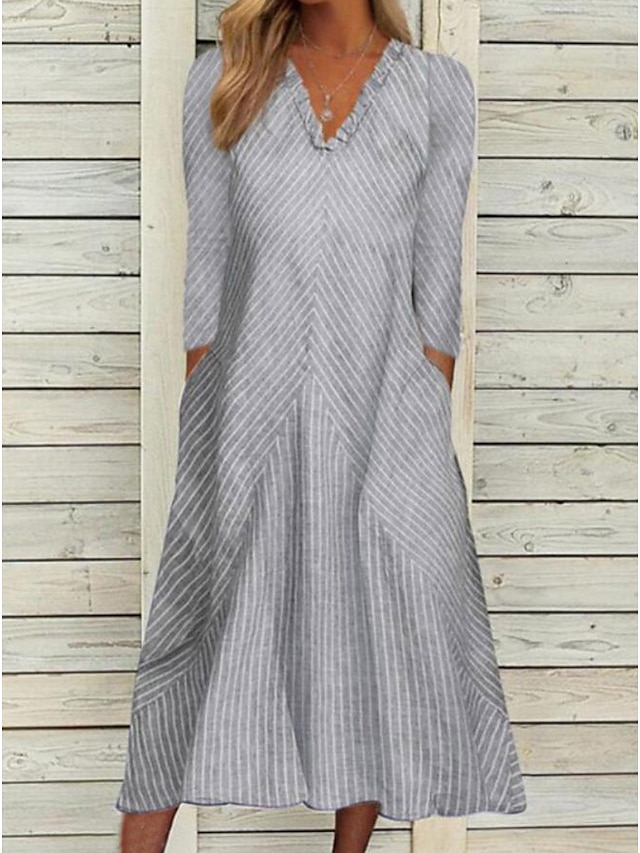 Women's A Line Dress Midi Dress Gray 3/4 Length Sleeve Striped Ruched ...