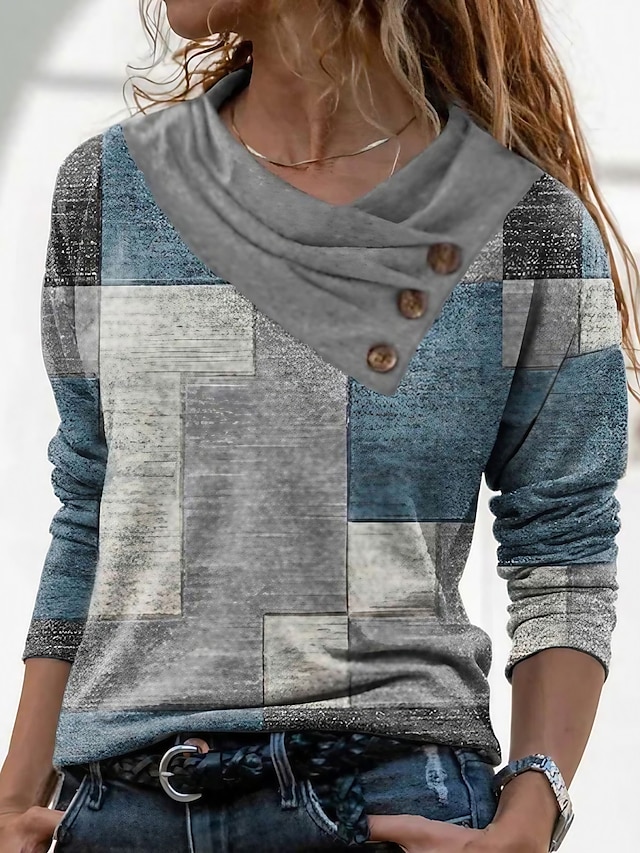  Dames T-shirt Geometrisch Abstract nappi Afdrukken Casual Weekend Dagelijks Basic Lange mouw Stapel nek V-hals Rood Herfst winter