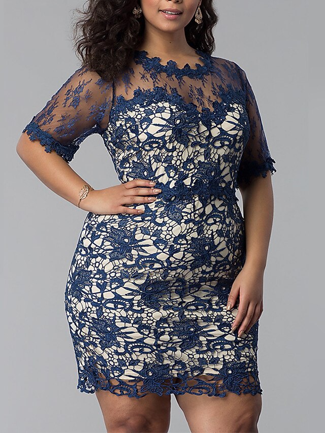 Women's Plus Size Work Dress Solid Color Crew Neck Lace Half Sleeve
