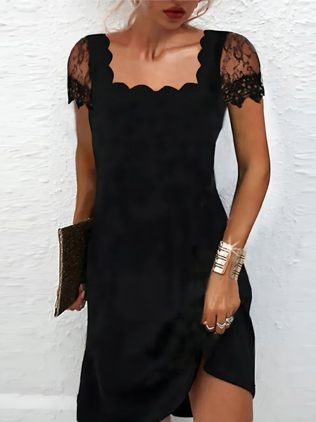  Women's Simple Mini Black Dress Lace Ruffle Scalloped Neck Short Sleeve Causal Party Fall Winter 2024