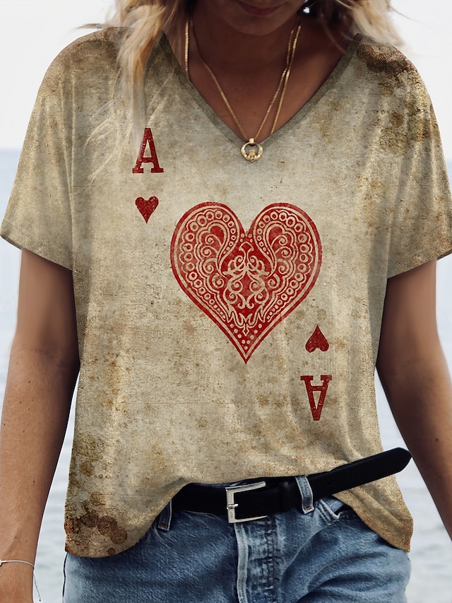  Women's T shirt Tee Brown Graphic Heart Print Short Sleeve Daily Weekend Basic Vintage V Neck Regular Painting S