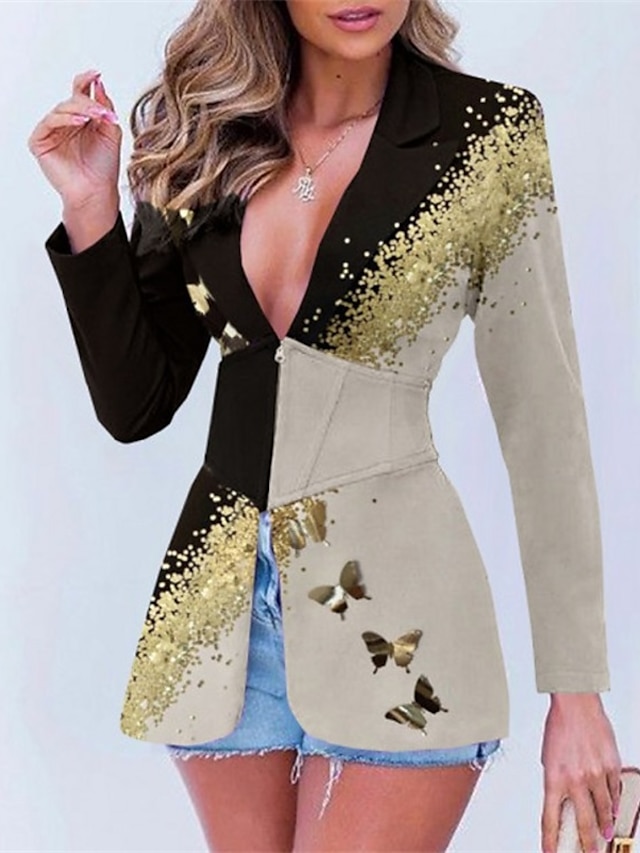 Women's Blazer Warm Breathable Outdoor Daily Wear Vacation Going out Patchwork Button Pocket Sequin Zipper Turndown Active Sports Comfortable Street Style Color Block Loose Fit Outerwear Long Sleeve