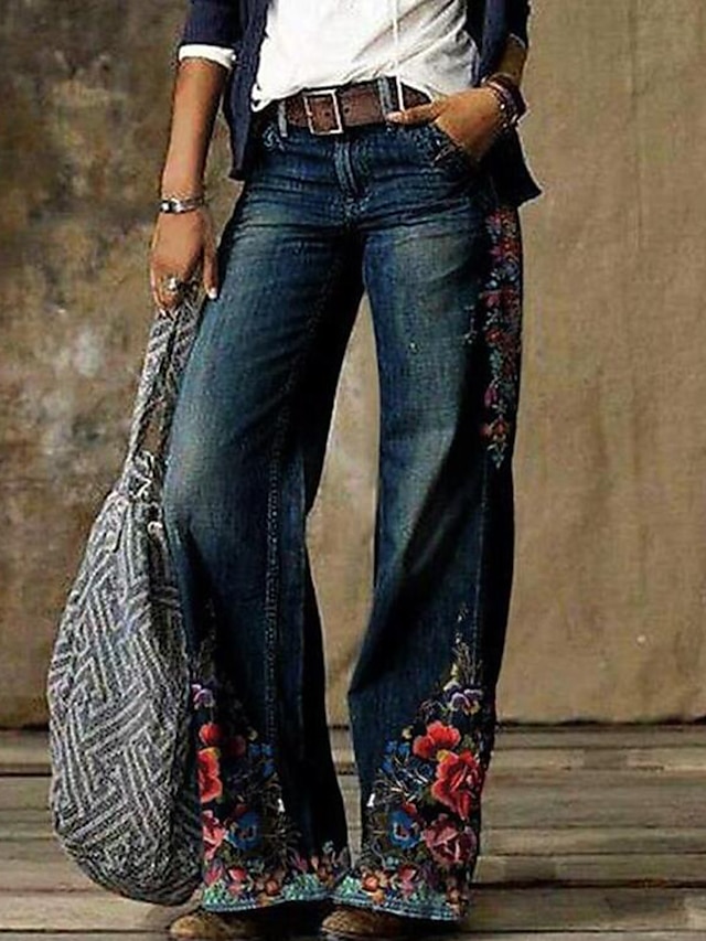  Women's Jeans Bootcut Faux Denim Wide Leg Print Mid Waist Full Length flower number 6