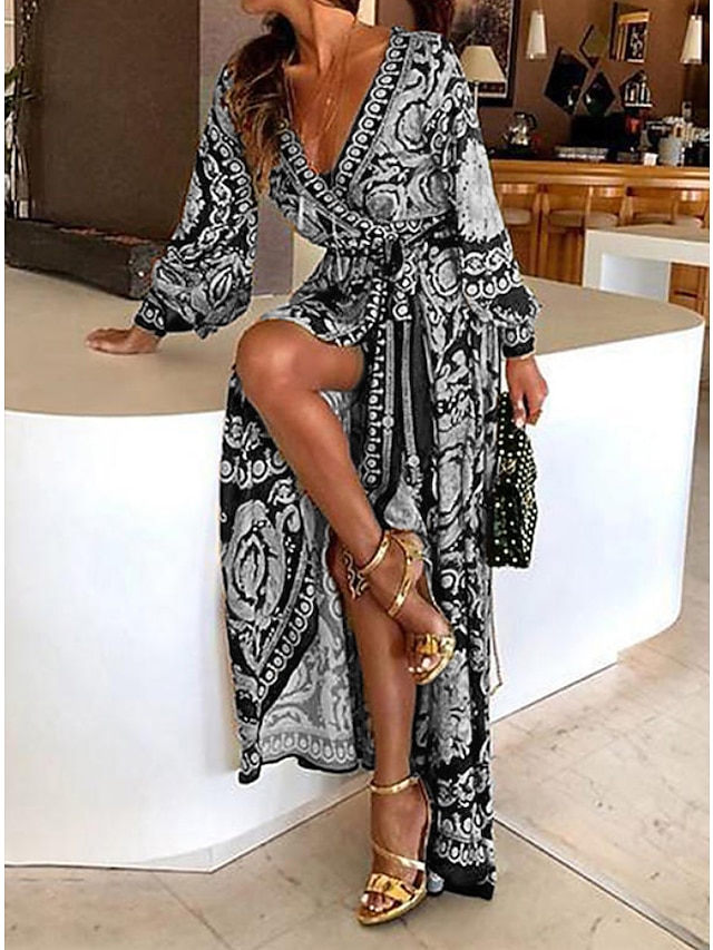  Women's Casual Dress Long Sleeve Boho Dress Wrap Dress Maxi long Dress Yellow Blue Gray Long Sleeve Floral Lace up Spring V Neck Bohemia Fall Dress