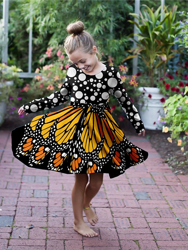  Girls' 3D Animal Butterfly Dress Long Sleeve 3D Print Fall Winter Daily Holiday Vacation Cute Casual Sweet Kids 3-10 Years Swing Dress A Line Dress Above Knee Polyester Regular Fit