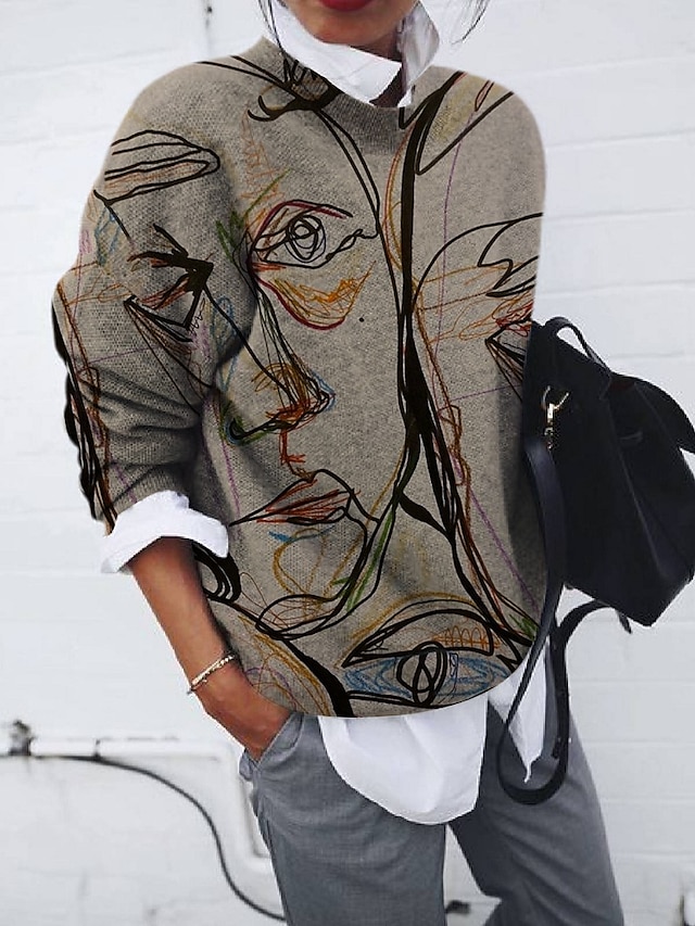  Damen Sweatshirt Pullover Zur Seite fahren Porträt Graffiti Täglich Wochenende Bedruckt Khaki Aktiv Strassenmode V Ausschnitt Langarm Ohne Futter Mikro-elastisch Herbst Winter